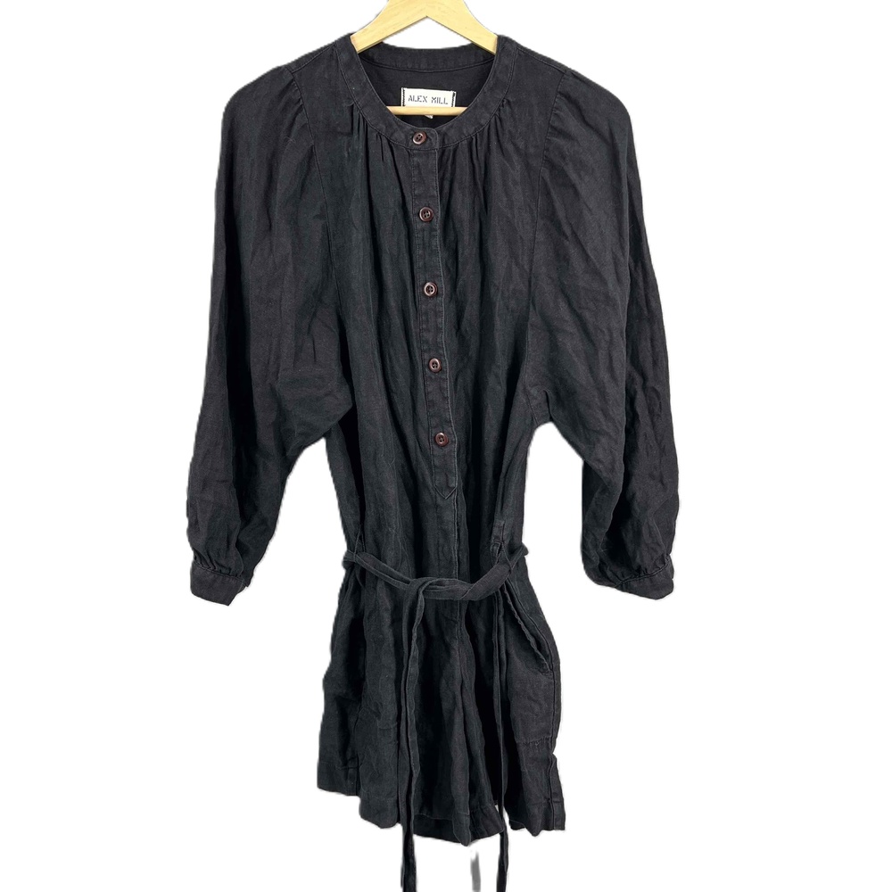 Alex Mill‎ Linen Romper Black Long Sleeve Relaxed Fit Button Front Size XS